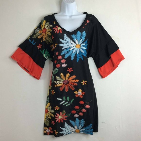 Lily by Firmiana Women's Black & Blue Floral V-Neck Ruffle-Sleeve Tunic 1XL - Picture 2 of 10